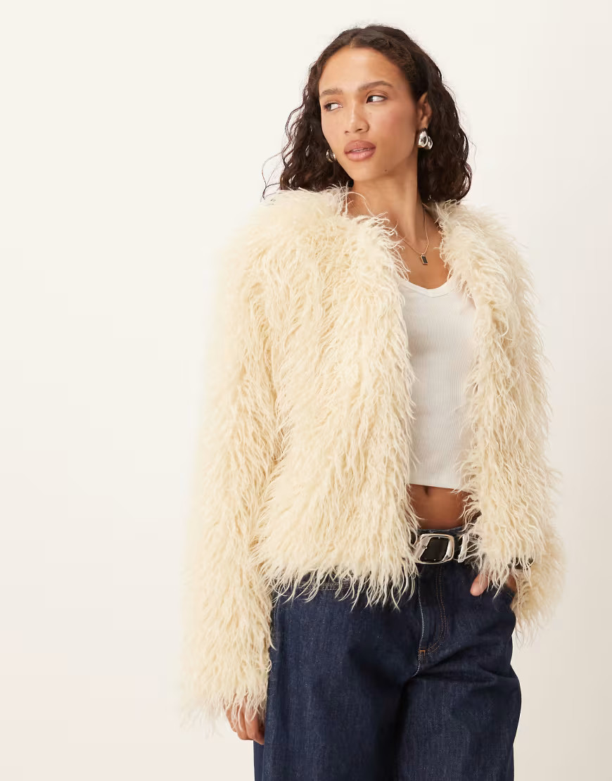 Brave Soul collarless short mongolian faux fur jacket in cream-White | ASOS (Global)