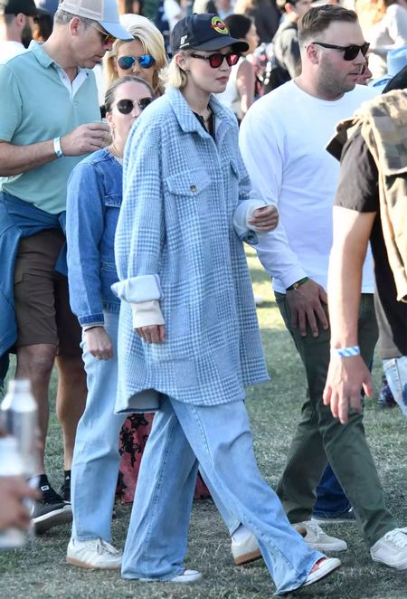 Shop Gigi Hadid's blue plaid print long button front collared coat high waist jeans, red high top converse sneakers #GigiHadid #CelebrityStyle

#LTKStyleTip #LTKFindsUnder100