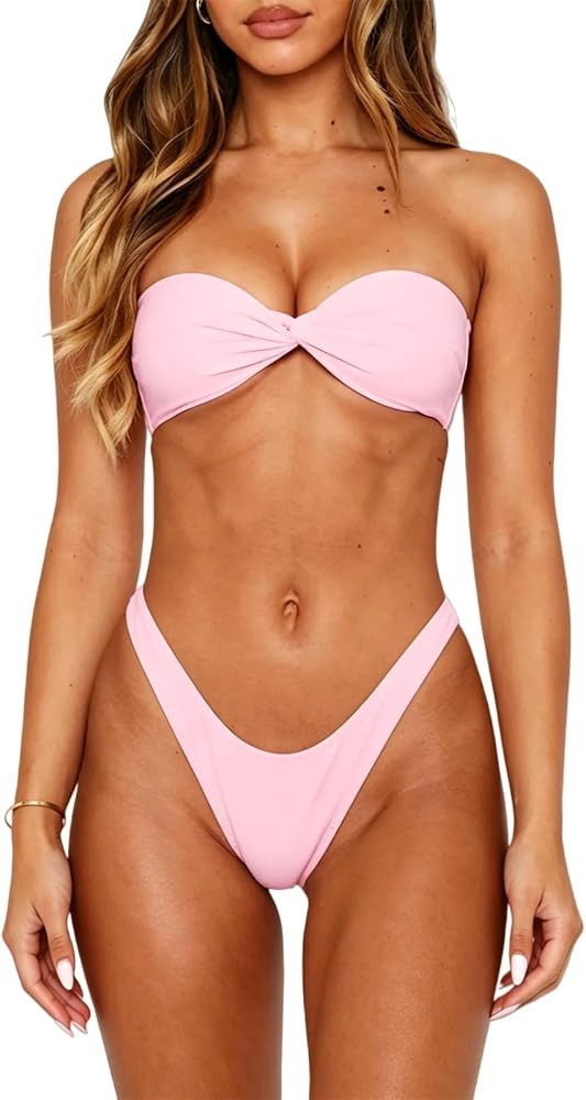 Women Bandeau Bikini Set Twist Front Strapless Tube Bikini Top High Cut Cheeky Thong 2 Piece Bath... | Amazon (US)