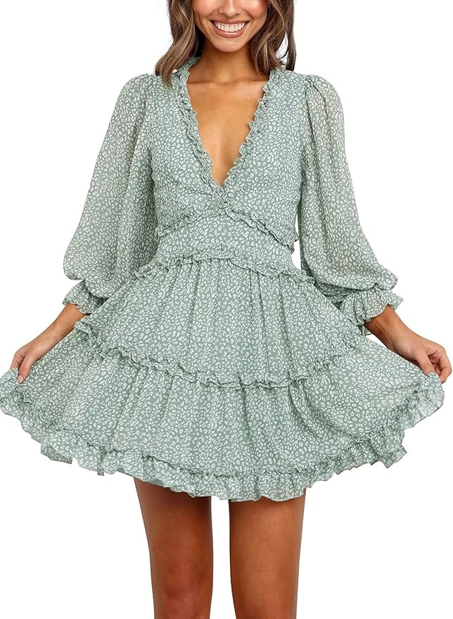 Happy Sailed Womens Fashion Spring Summer Deep V Neck Long Sleeve Ruffle Layer A-Line Swing Mini ... | Amazon (US)