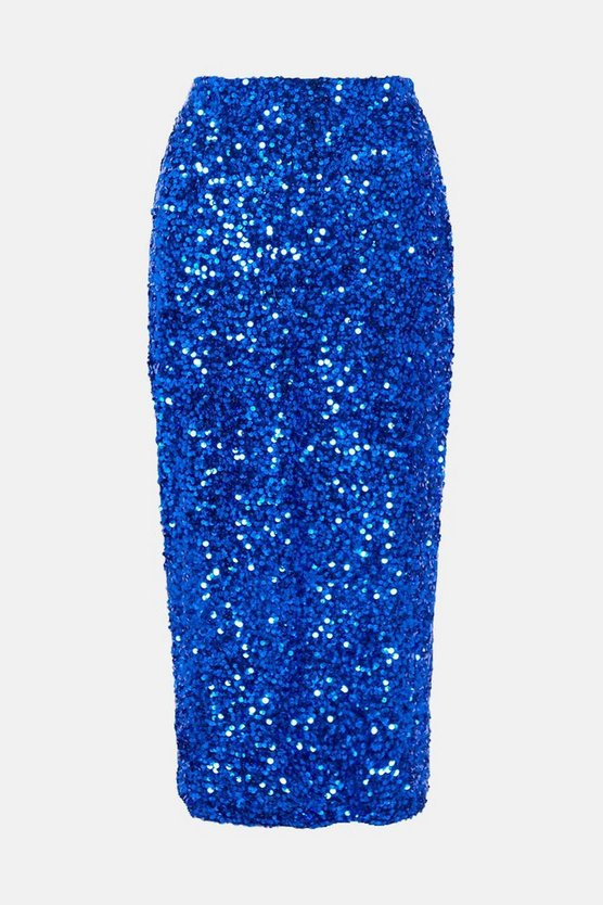 Velvet Sequin Side Split Midi Skirt | Warehouse UK & IE
