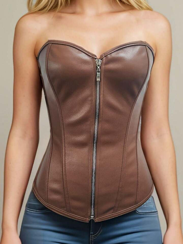 1pc Women's Corset Simple Style Solid Color Zipper Front Pu Leather Shiny Slim Fit Top With Waist... | SHEIN