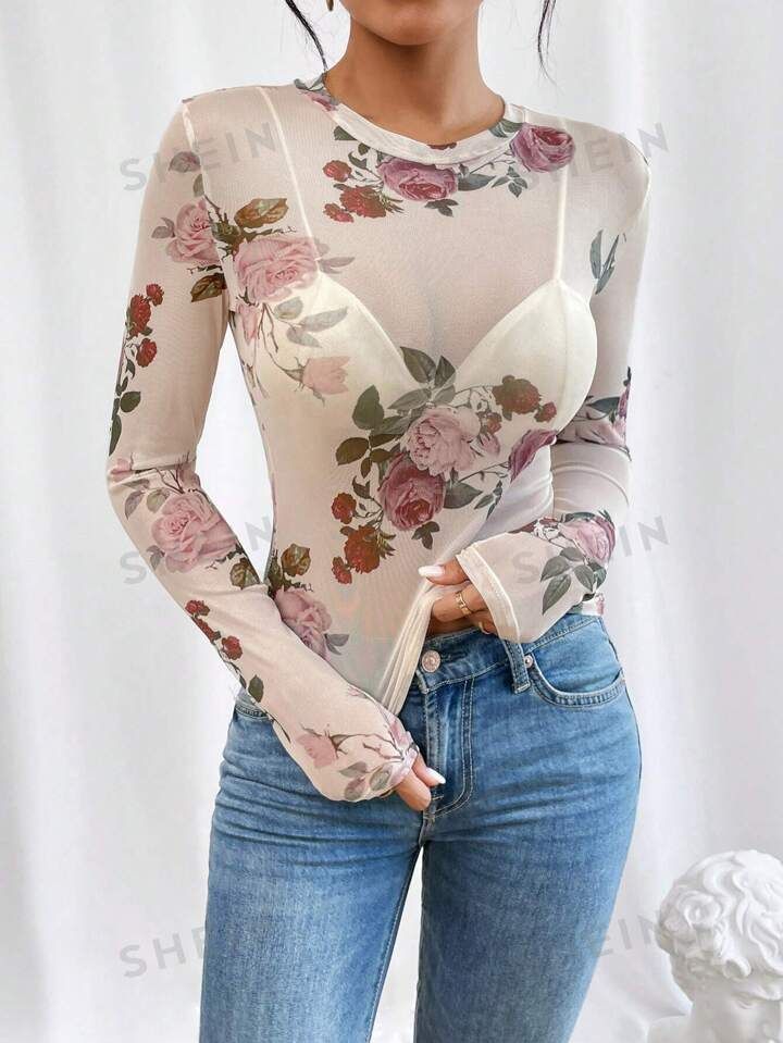 SHEIN Privé Floral Print Mesh Top Without Bra | SHEIN