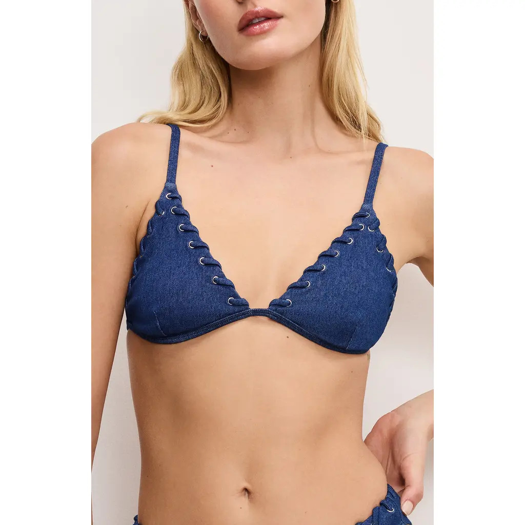 Good American Whip Stitch Denim Bikini Top in Swim Denim Rinse001 at Nordstrom, Size Medium | Nordstrom