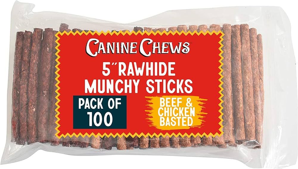 Canine Chews 5" Munchy Rawhide Sticks for Small Dogs Munchy Dog Treat Sticks 100 Pack (Beef & Chi... | Amazon (US)