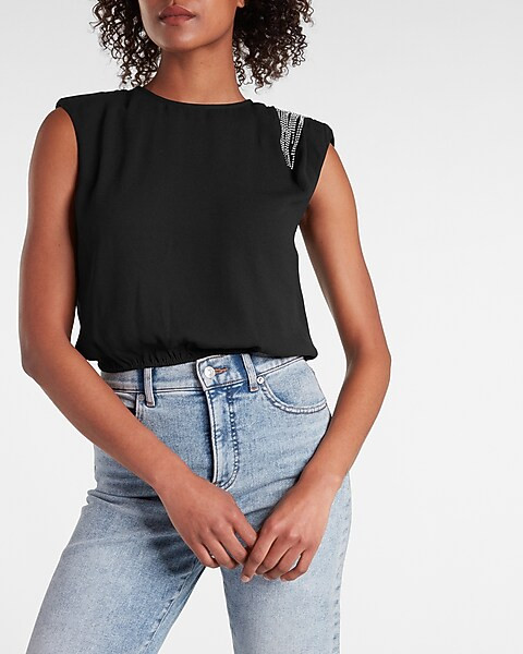 Embellished Strong Shoulder Top | Express