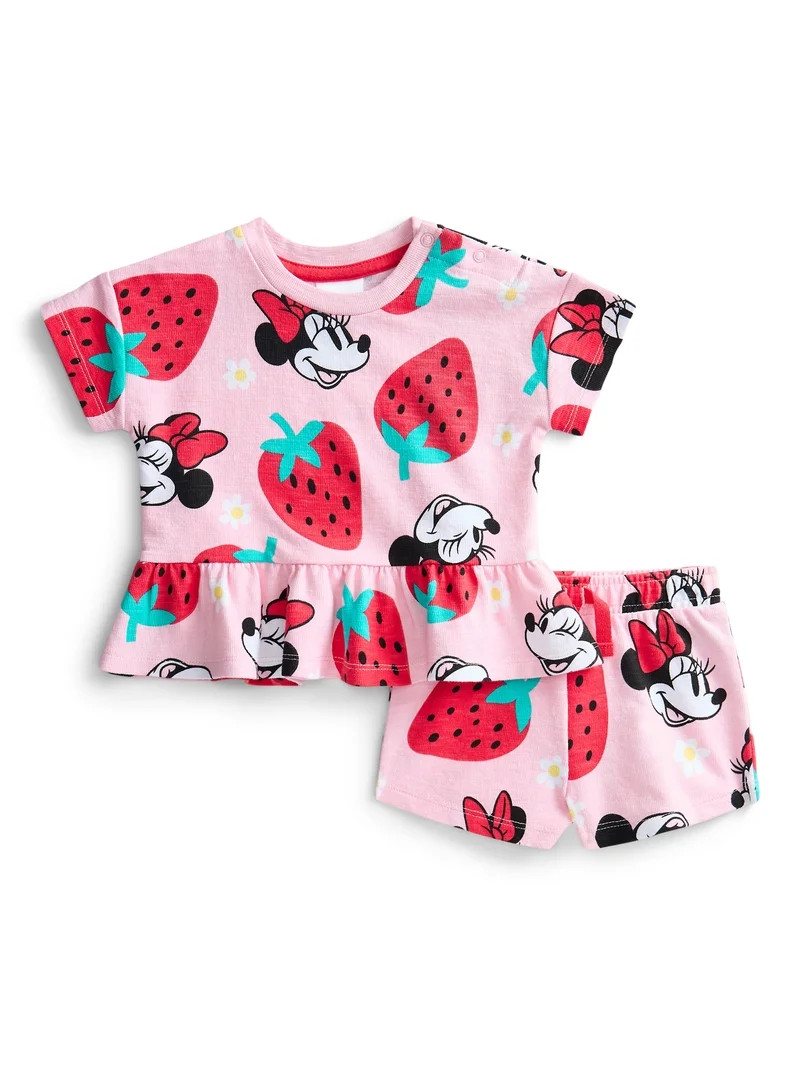 Minnie Mouse Toddler Girls Short Sleeve Graphic Tee and Matching Ruffle Shorts Set, 2-Piece, Size... | Walmart (US)