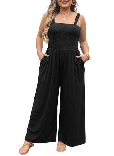 Eytino Plus Size Jumpsuit for Curvy Women Wide Leg Spaghetti Strap Sleeveless Long Rompers with Pockets,5X Black | Amazon (US)