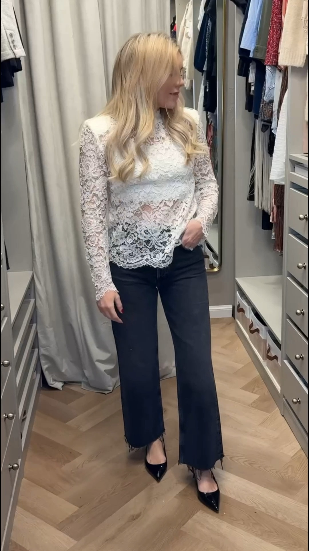 Lace top
Black jeans 
Wide leg cropped jeans 
Kitten heel 
Spring Outfit 

#LTKSeasonal #LTKgrwm #LTKootd