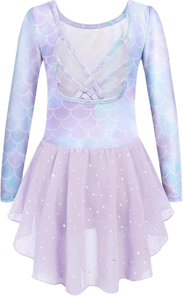 Arshiner Girls Long Sleeve Ballet Leotards with Shinny Skirts Criss-Cross Back Dance Dresses | Amazon (US)