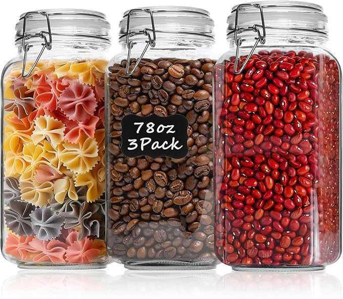 ComSaf Airtight Glass Canister Set of 3 with Lids 78oz Food Storage Jar Square - Storage Containe... | Amazon (US)