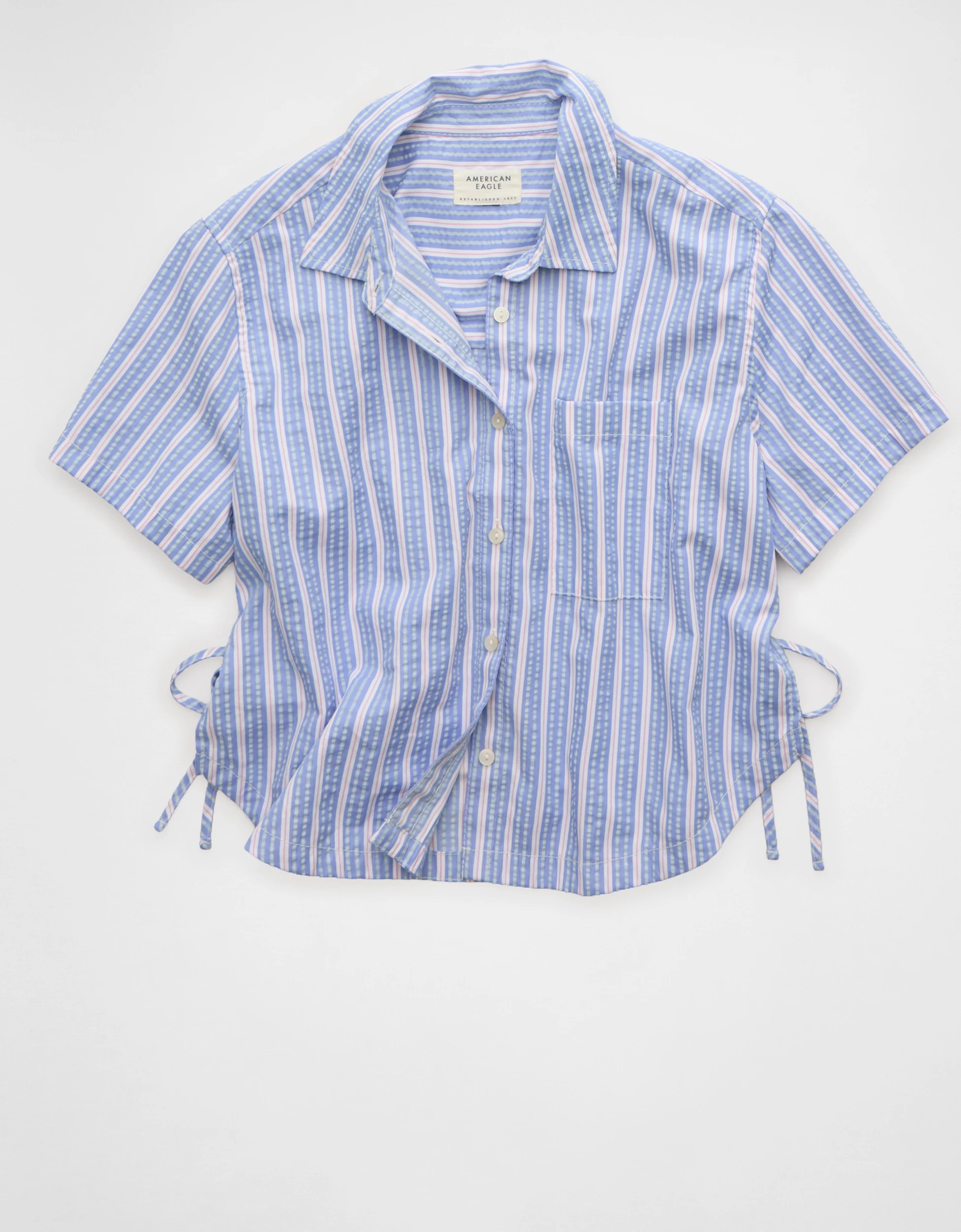 AE Short-Sleeve Side-Tie Button-Up Shirt | American Eagle Outfitters (US & CA)