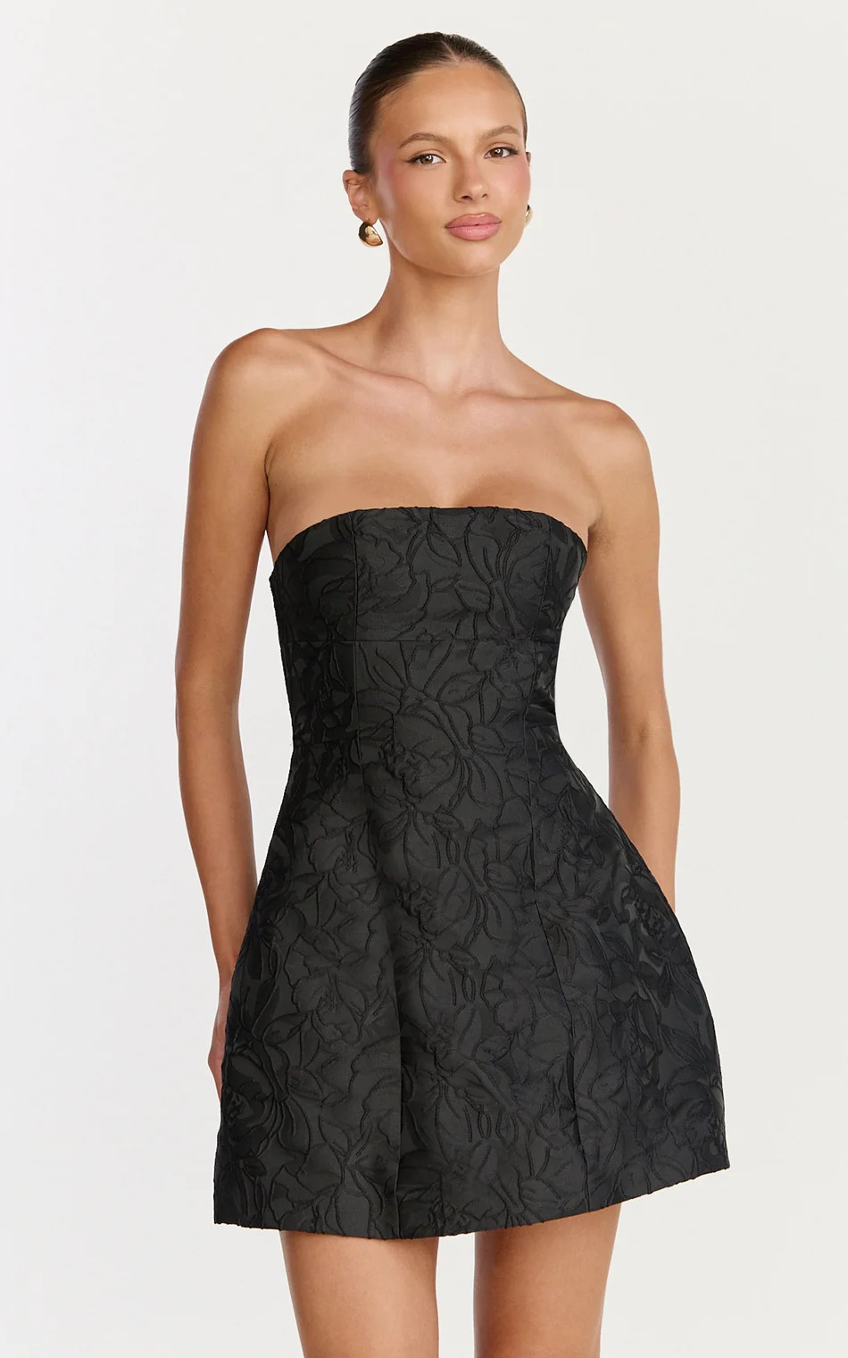 Strapless Jacquard Floral Mini Dress in Black | Showpo (US, UK & Europe)