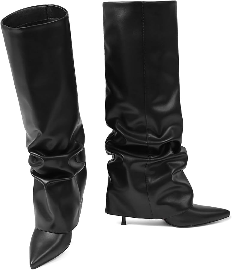 Womens Knee High Boots, Fold Over Shark Boots Stiletto Heels Slouchy Long Boot Pointed Toe Thigh ... | Amazon (US)