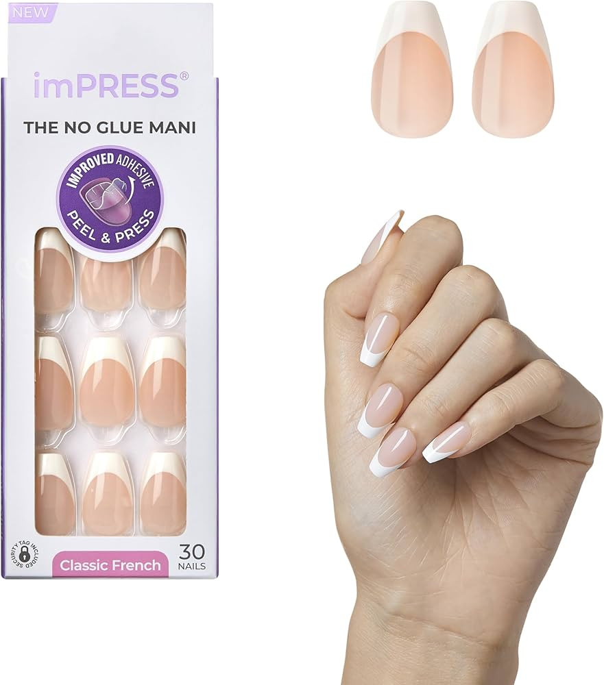 KISS imPRESS No Glue Mani Press-On Nails, French, 'Ideal', Light Neutral + White Tip French, Medi... | Amazon (US)