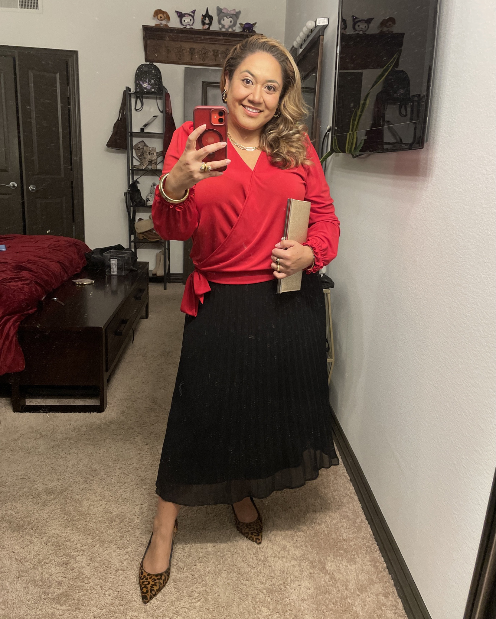 Holiday Outfit red blouse + pleated maxi skirt + gold jewelry + gold clutch + leopard kitten heels