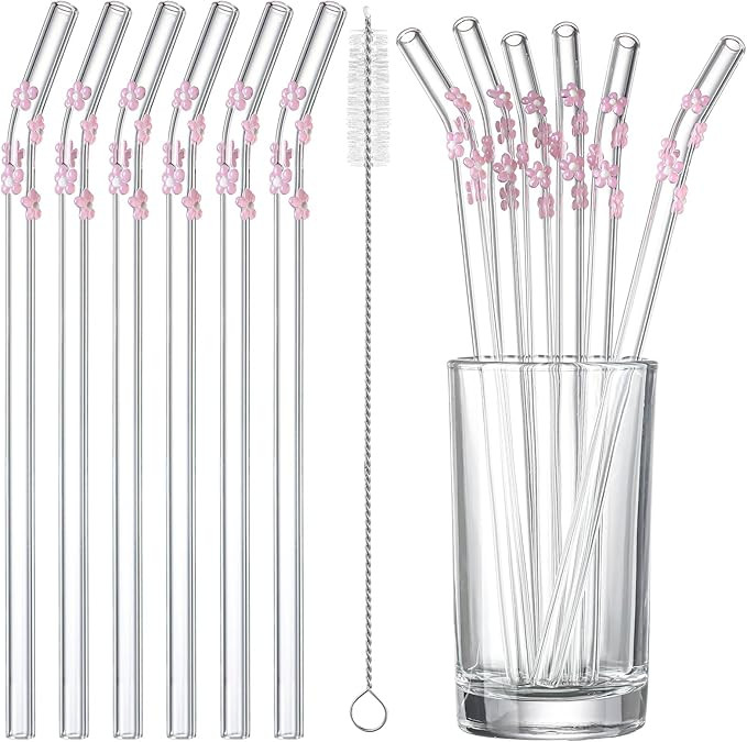 Honeydak 6 Pcs Pink Cherry Blossoms Glass Straws with Charms Cute Reusable Straws Glass with Brus... | Amazon (US)