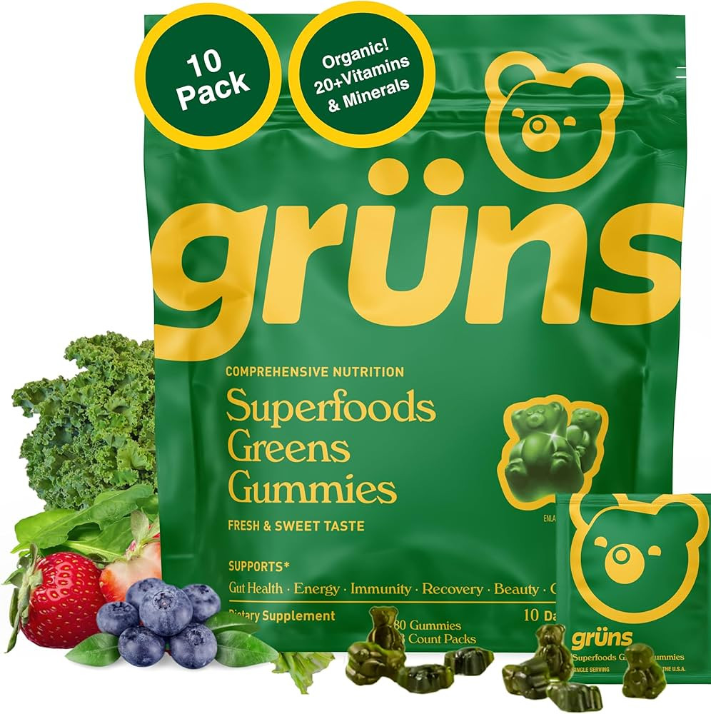 Gruns Adults Super Greens Gummies, Multivitamin Superfood Gummy Bears, Spirulina, Chlorella, Preb... | Amazon (US)