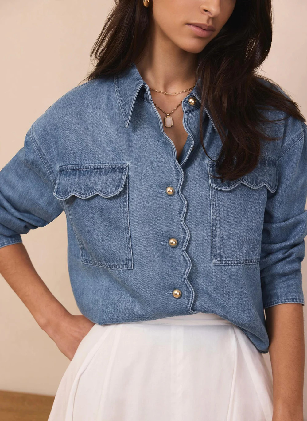 Mid Indigo Denim Scallop Shirt | Mint Velvet