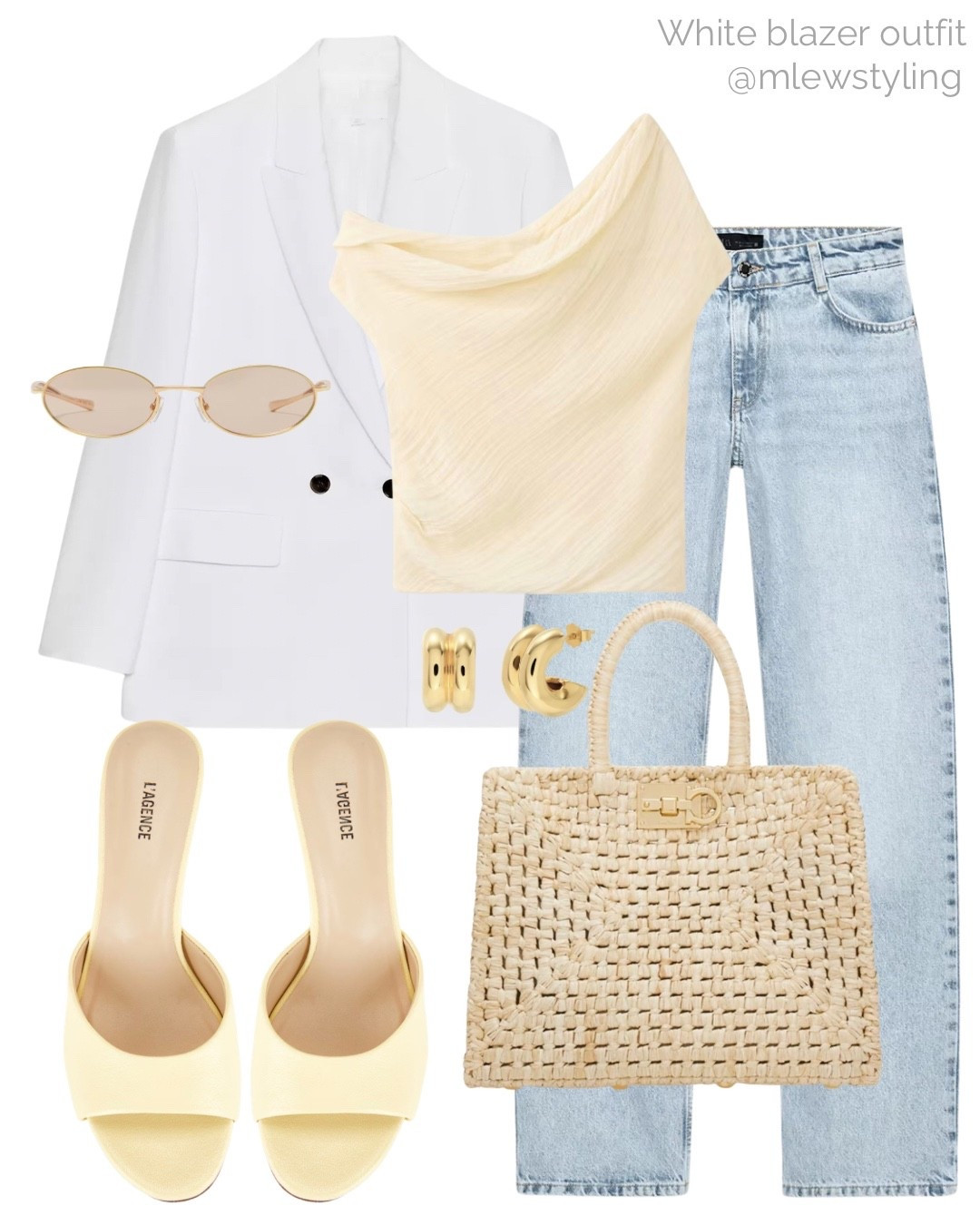 Elevated spring outfit with a white blazer & pale yellow 💛

Tags: Zara blazer, Ferragamo raffia tote bag, butter yellow heeled mules, light wash jeans, draped top, gold earrings, summer going out outfit, jeans & a cute top, date night look

#LTKgrwm #LTKootd #LTKSeasonal