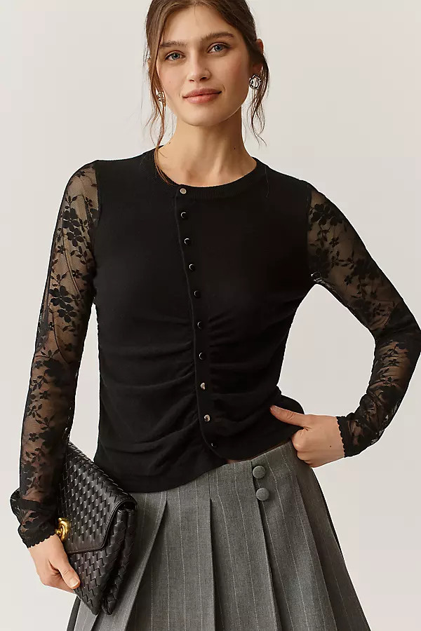 Maeve Cashmere Blend Asymmetric Lace-Sleeve Sweater | Anthropologie (US)