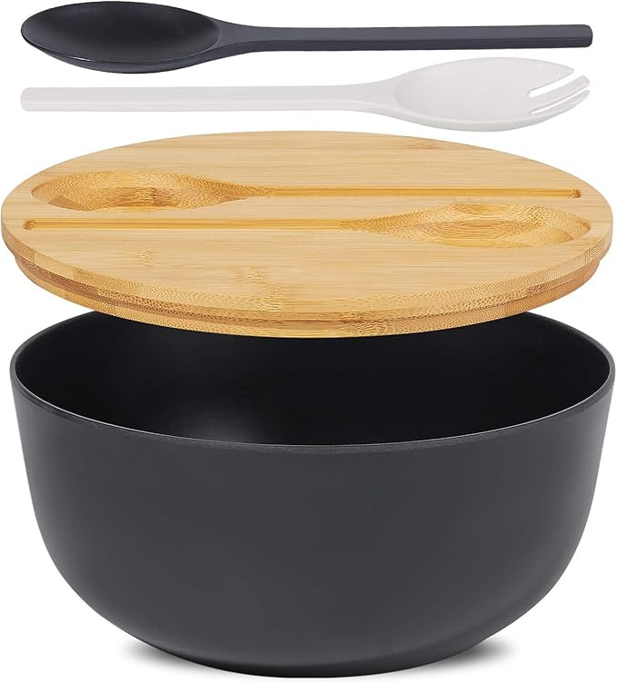 Large Salad Serving Bowl with Lid and Tongs, Bamboo Fiber Salad Bowl Set for Salad,Fruit,Vegetabl... | Amazon (US)