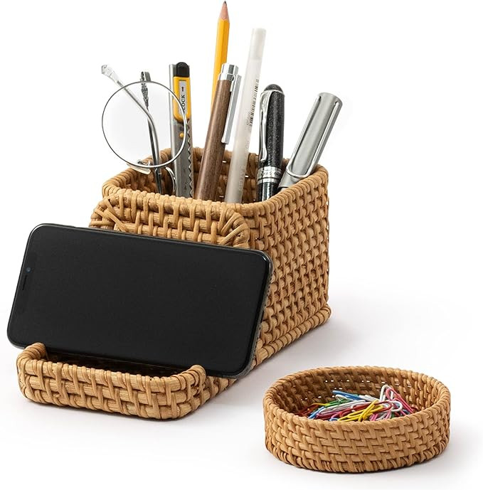 Pen Holder with Phone Stand and Paper Clip Holder Bundle, Wicker Pencil Holder and Paper Clip Cup... | Amazon (US)