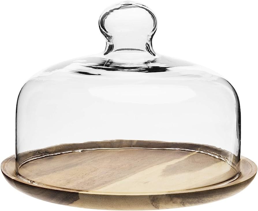 MyGift 7.5 Inch Small Clear Glass Dessert/Cheese Cloche Dome with Acacia Wood Serving Tray | Amazon (US)