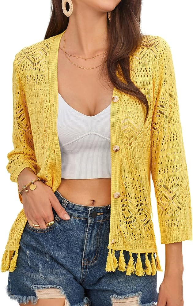 GRACE KARIN Women Fringed Cardigan 2024 Boho Hollowed Out Crochet Knit Shrug 3/4 Sleeve V-Neck Ca... | Amazon (US)