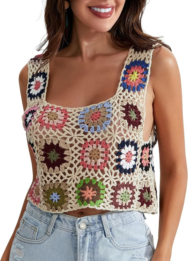 Womens Crochet Tank Top with Tassels Cover Ups Knit Colorful Floral Embroidery Summer Boho Camiso... | Amazon (US)