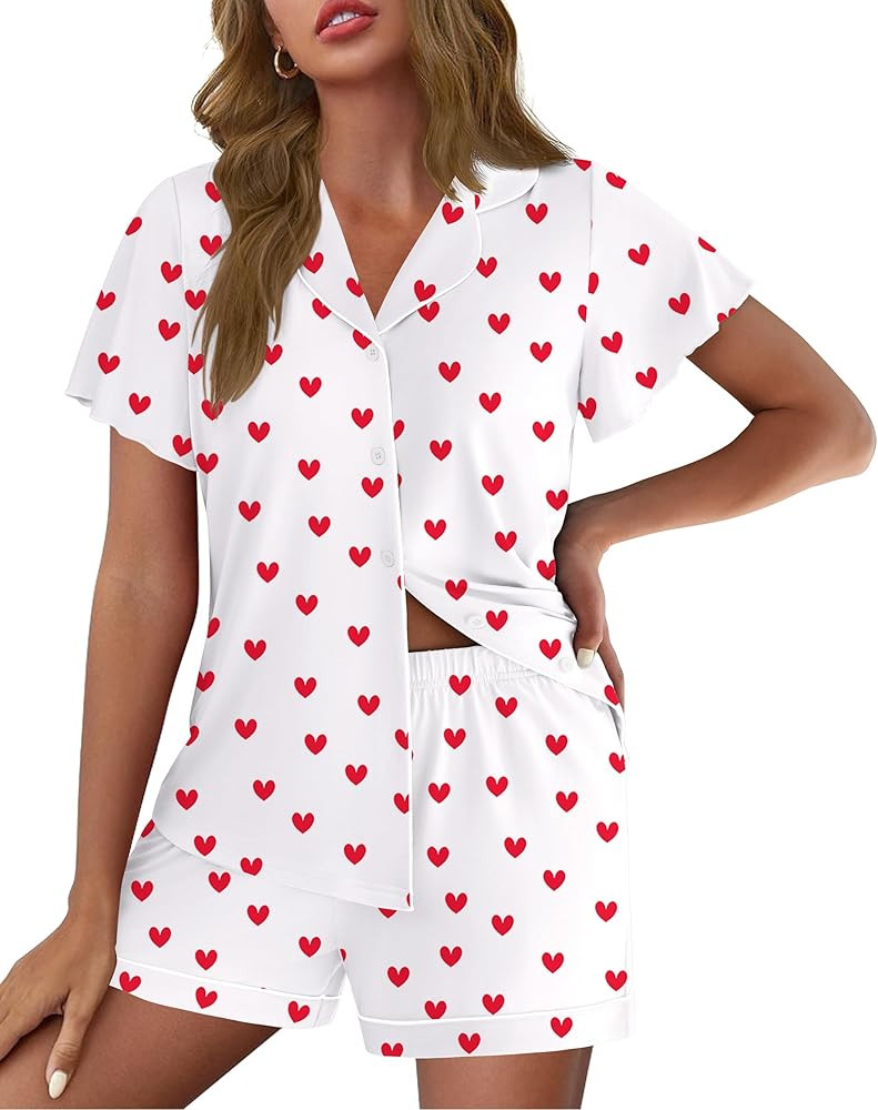 Ekouaer Pajamas for Women Set Button Up Pjs Short Sleeve Ruffle Sleepwear Notch Collar Bride Soft... | Amazon (US)