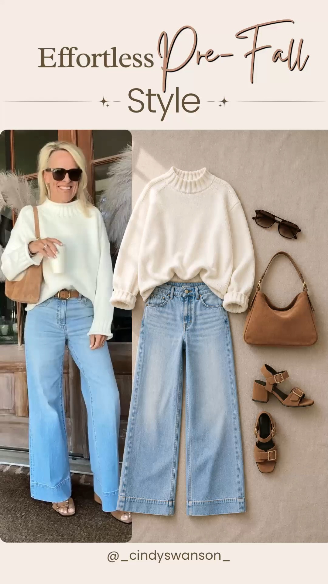 This cream mock-neck sweater and light-wash wide-leg jeans are such an easy pre-fall pairing. The relaxed fit feels comfortable and polished, while the warm tan accessories and block-heel sandals add just enough structure for an effortless everyday look.

💡 LTK MADE EASY
❤️ Heart = Support my posts!
🔖 Save = Get sale & restock alerts
📋 Lists = Keep favorites organized
📲 Share = Send lists and products to a friend. Hello, Christmas List!
💬 Comment = Ask me anything about what I’m wearing.:-)

#LTKootd #LTKSeasonal #LTKOver40