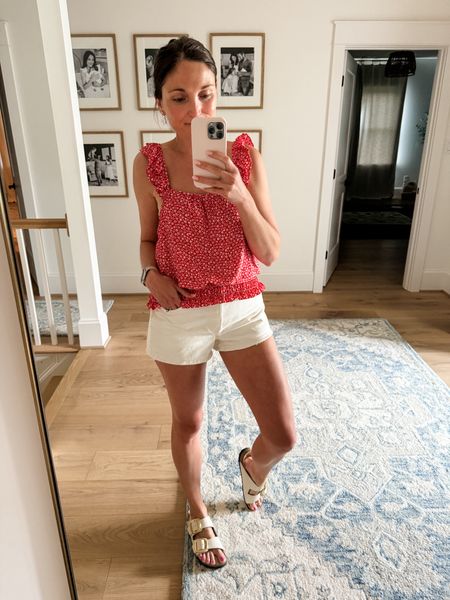 Cute Memorial Day weekend outfit. These white jean shorts are the perfect length and fit tts. I’m wearing a size 28. Top is older so no longer available but I linked a similar one. 

#LTKSeasonal