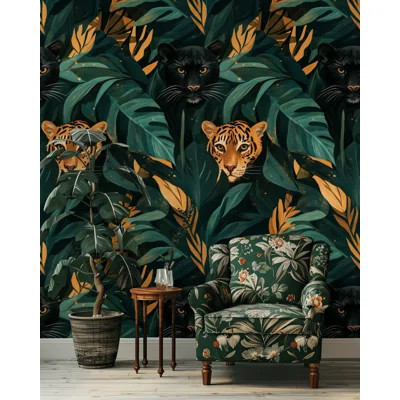 Tropical Jungle Cat Wallpaper Peel and Stick Exotic Animal Wall Mural Emerald Green Gold Tiger | Wayfair North America