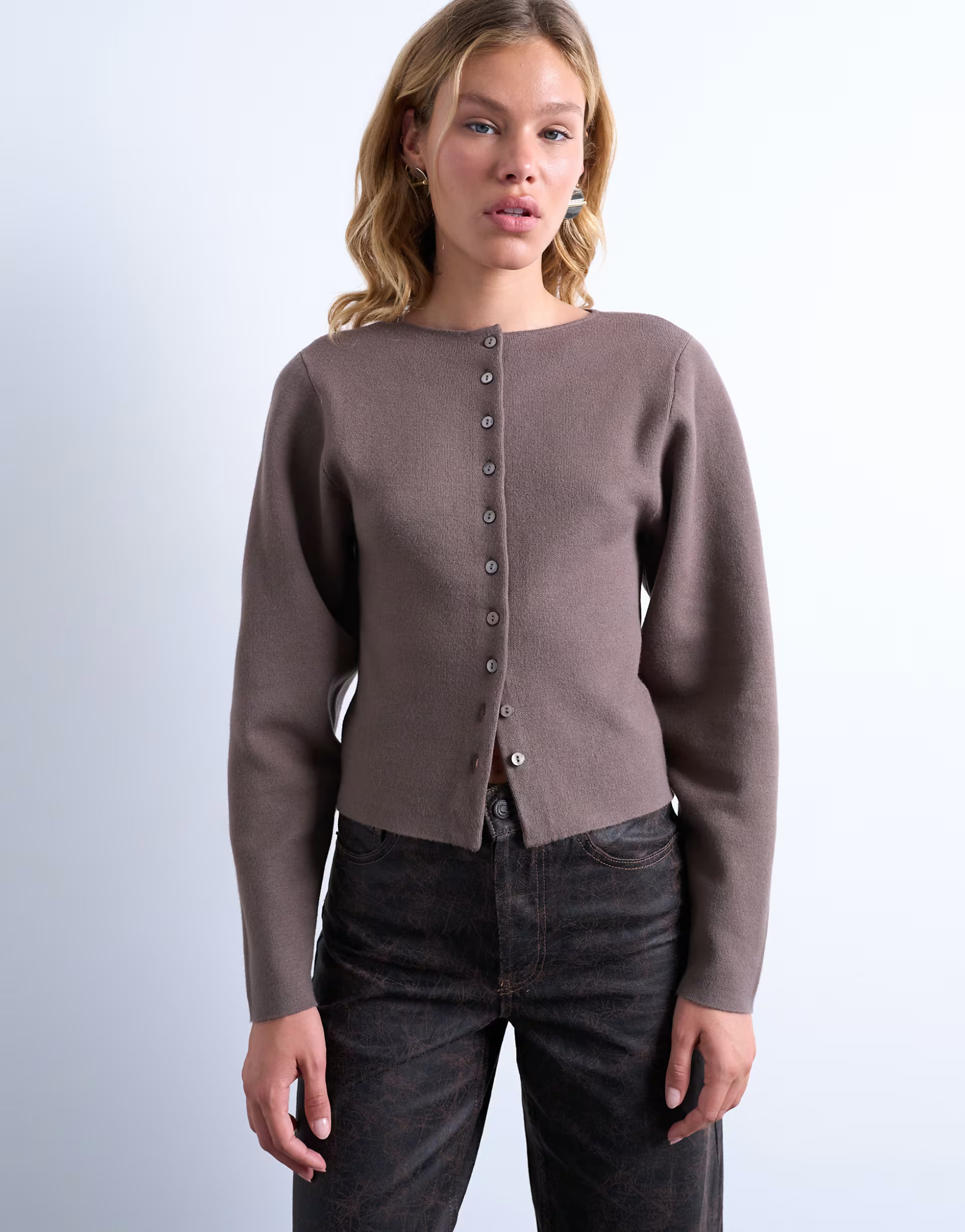 Topshop knitted compact balloon sleeve cardigan in oat | ASOS (Global)