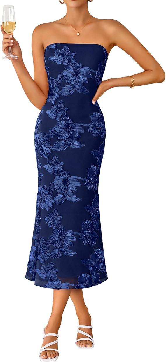 ZESICA Women's Summer Strapless Floral Midi Dress 2026 Bodycon Mesh Tube Wedding Guest Cocktail P... | Amazon (US)