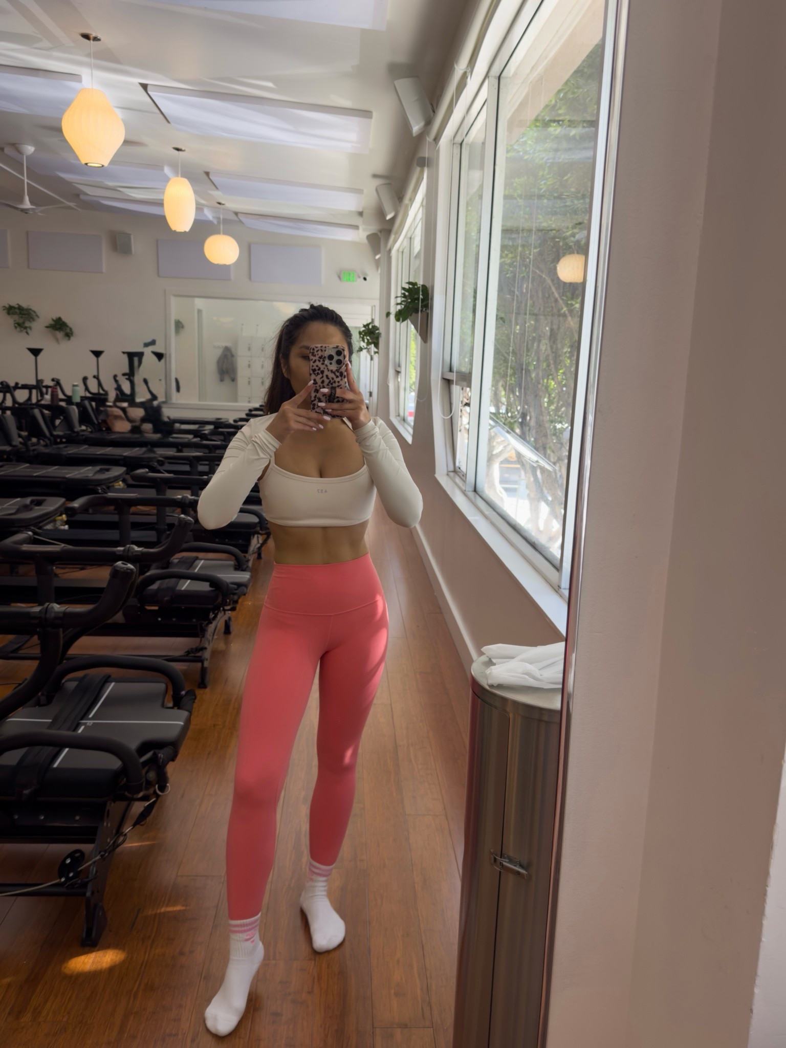 Lagree ootd 💗 

Sizing:
Sports bra - tts, s
Shrug - sized up, s
Leggings - tts,4 in 25” length (color is old)
Sneakers - size down 1/2 size 
Gym bag - small size in oyster pearl color

#LTKActive #LTKmorningroutine
