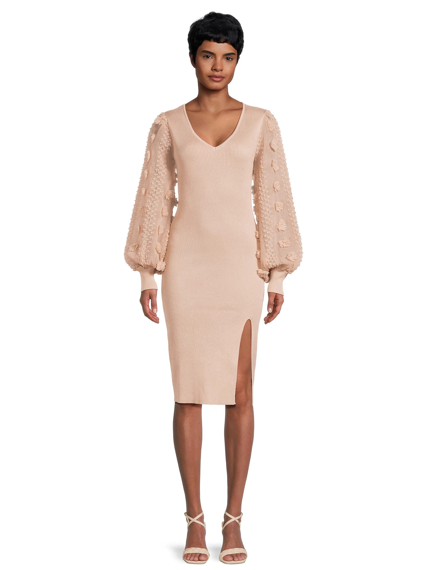 No Boundaries Juniors V-Neck Midi Dress with Long Sleeves, Sizes XS-3XL | Walmart (US)