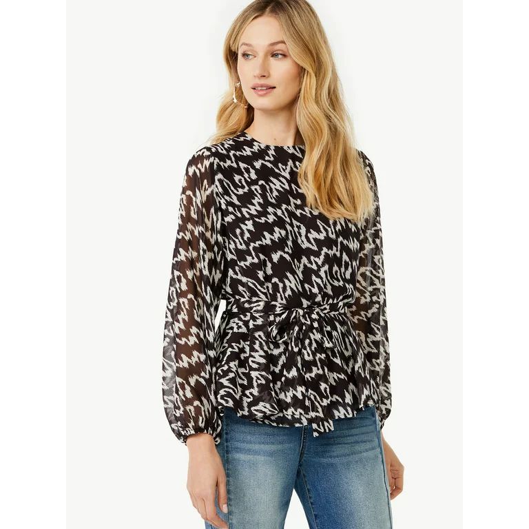 Scoop Women's Long Sleeve Crew Neck Blouse with Tie at Waist | Walmart (US)