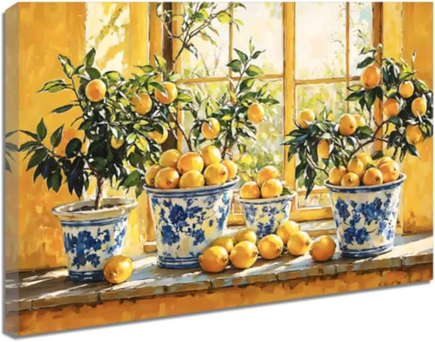 ZQQART Lemon Picture Wall Art Kitchen Canvas Prints Yellow Lemon with Pottery Blue Painting Vinta... | Amazon (UK)