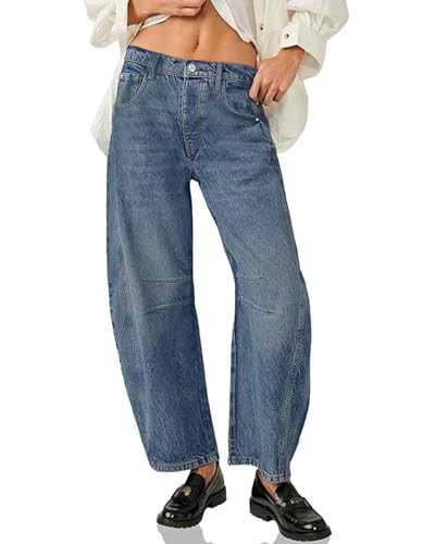Flvsun Women's Barrel Jeans Wide Leg Baggy Balloon Jeans Denim Pants Y2k Retro Style Boyfriend Jeans Regular Light Blue XS | Amazon (US)
