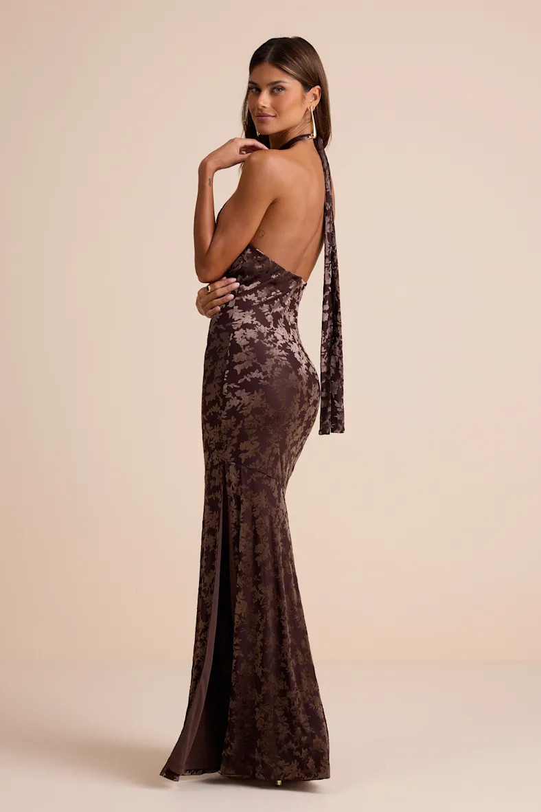 Sharon Brown Velvet Burnout Halter Maxi Dress | Lulus
