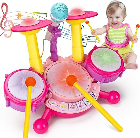 Baby Drums Set 6-12 12-18 Months Musical Toy with 2 Sticks Microphone Pink Toy for 1 2 Year Old G... | Amazon (US)