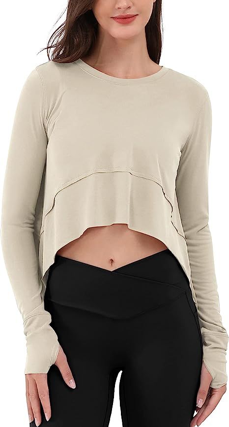 ODODOS Soft Modal Long Sleeve Crop Top for Women with Thumb Hole Athletic Gym Workout Cropped Yog... | Amazon (US)