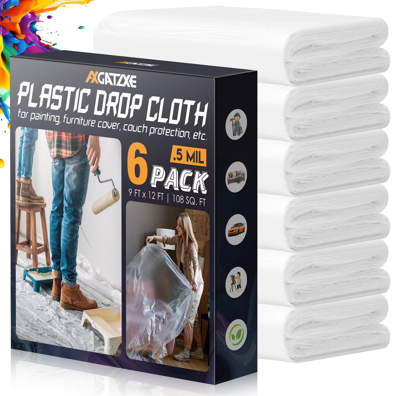 12 x 9 Ft Plastic Drop Cloths (6-Pack) - Disposable Painter's Sheeting & Tarps for Painting, Wate... | Amazon (US)