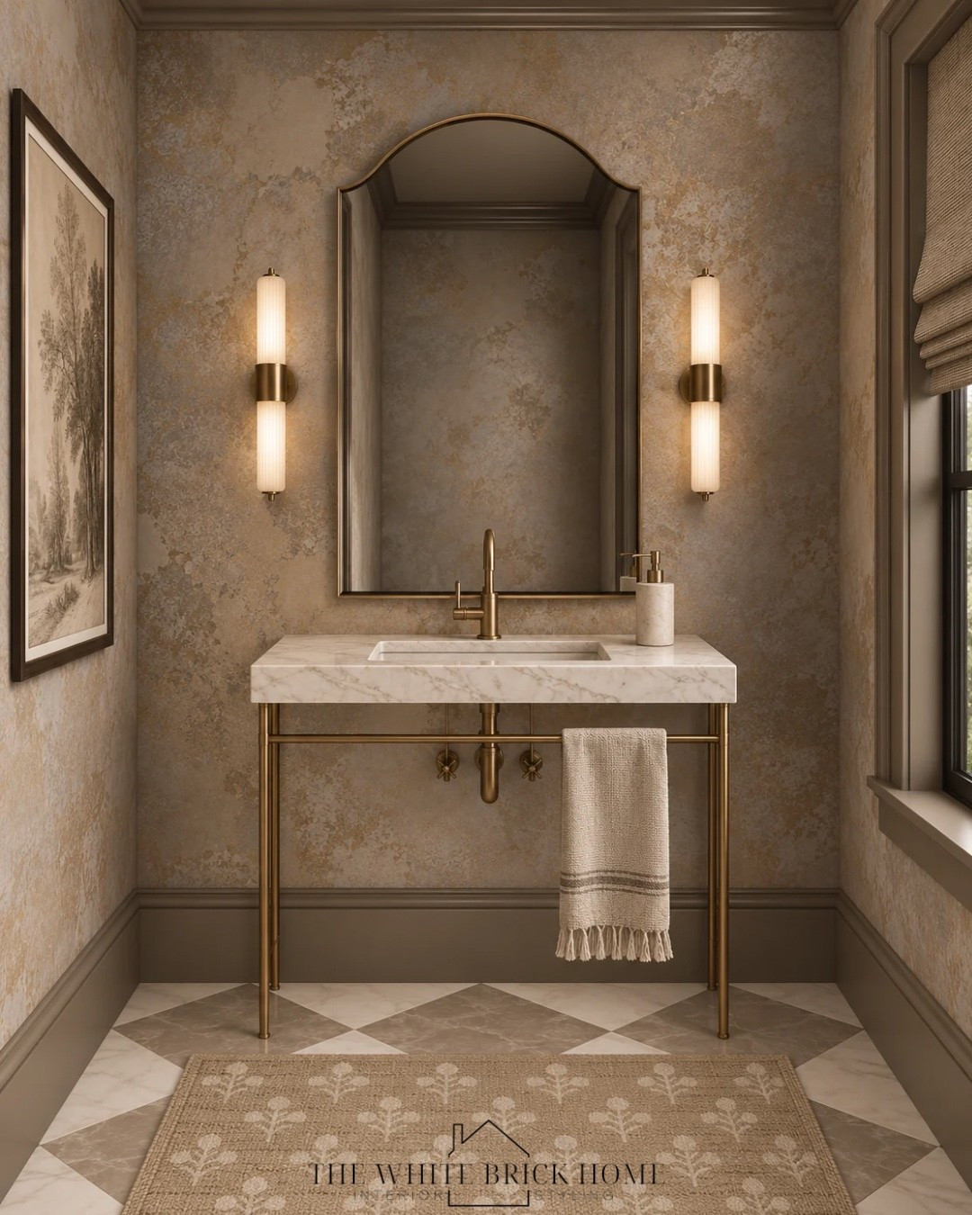 A moody, luxe powder room where warm metallics, rich texture, and timeless marble make every detail feel effortlessly elevated. 

Bath, bathroom, bathroom vanity, bathroom decor ideas, bathroom sconces, bathroom design, wallpaper, bathroom wallpaper, bathroom decor, bathroom wall mirror, bathroom lighting, bathroom vanity, powder room, wall art, pottery barn, rejuvenation, home decor, home design, powder room, powder room decor
