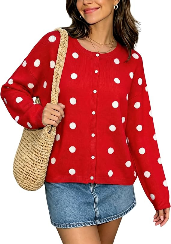 Womens Polka Dot Cardigan Sweater Crewneck Open Front Knit Top | Button Down, Long Sleeves, Drop ... | Amazon (US)