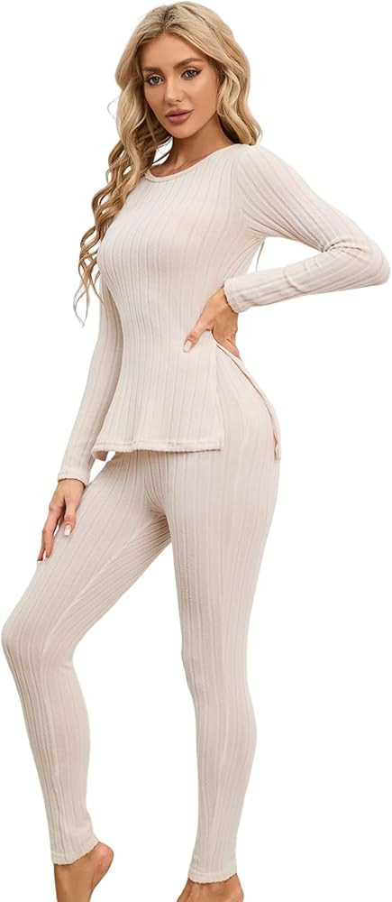 MakeMeChic Women's Lounge Set Long Sleeve Pajama Sets Ribbed Knit 2 Piece Pj Set Outfit Split Top... | Amazon (US)