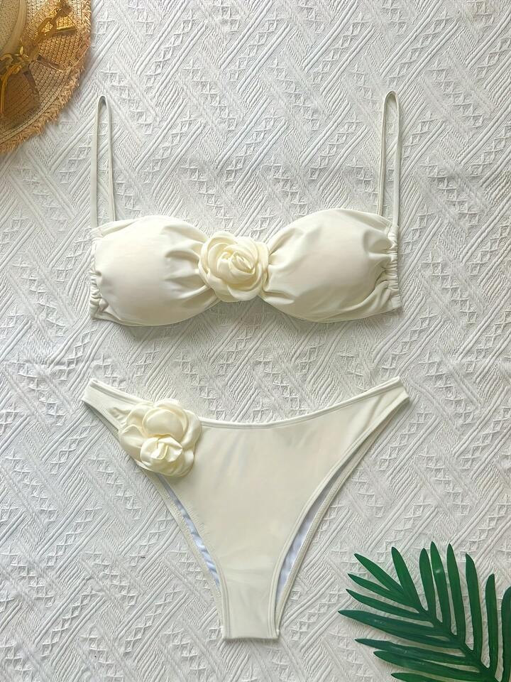 Elegant Solid-Color Bikini Set For Women - With Rose Decoration, Summer Beach Swimwear | SHEIN