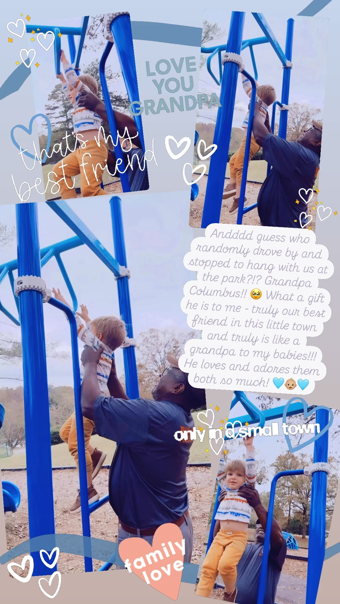 Andddd guess who randomly drove by and stopped to hang with us at the park?!? Grandpa Columbus!! 🥹 What a gift he is to me - truly our best friend in this little town and truly is like a grandpa to my babies!!! He loves and adores them both so much! 🩵👶🏼🩵

#LTKKids #LTKBaby #LTKFamily